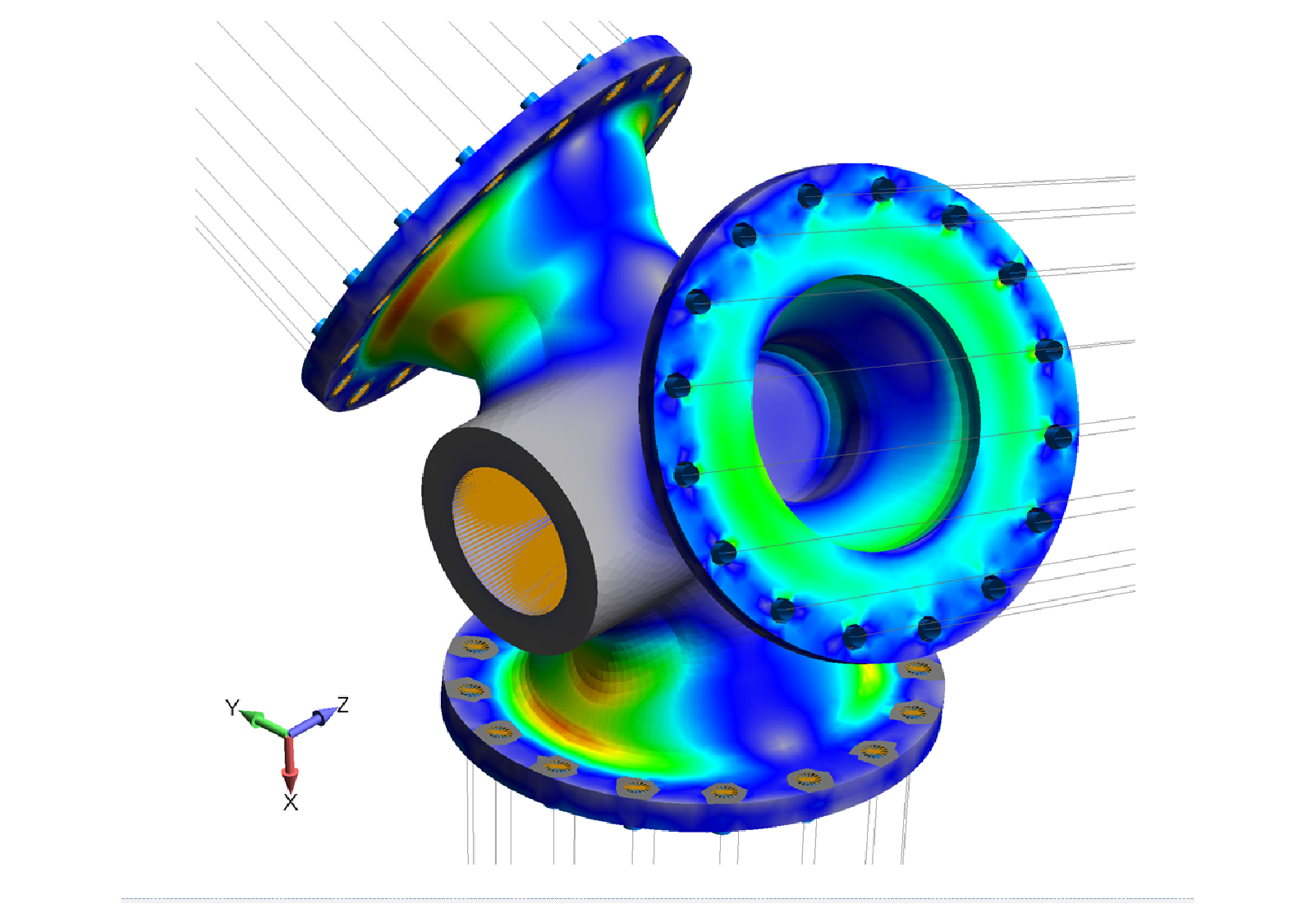 FEA simulation of 50 kW wind turbine blade hub.  The lines are rigid links (RBE2) used to apply the blade loads onto the hub.