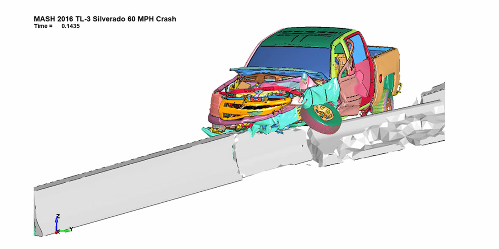 MASH 2016 TL-3 Silverado Crash Simulation into concrete barrier.  Nonlinear FEA consulting experts in transportation crash analysis.