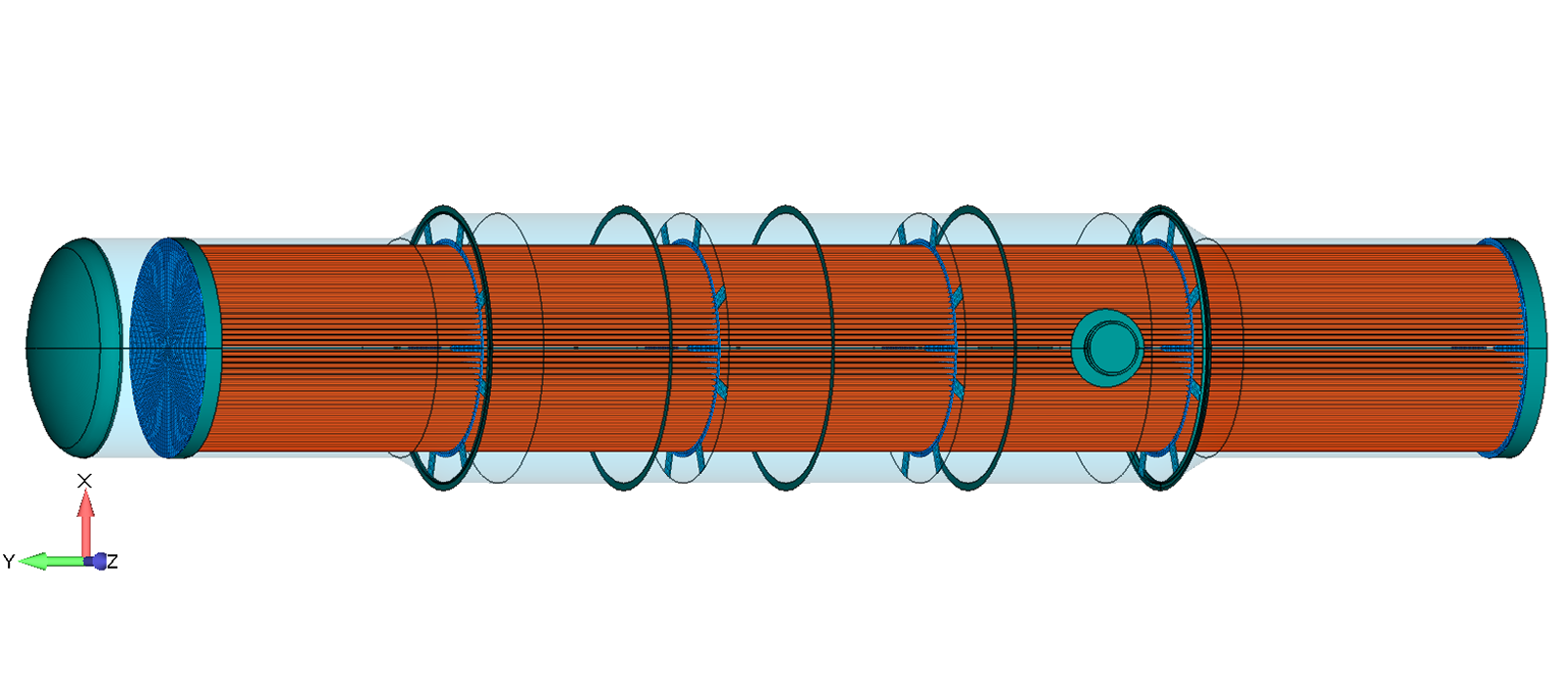 Figure 1:  The tubes of this shell-and-tube heat exchanger were modeled with beam elements.