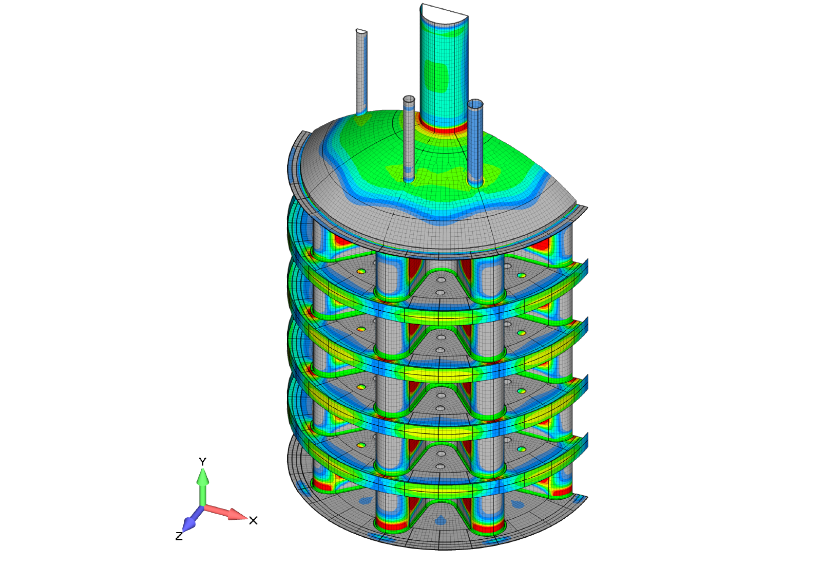 Figure 4: Plate element mesh with ASME Section VIII, Division 2 stress intensity contour.