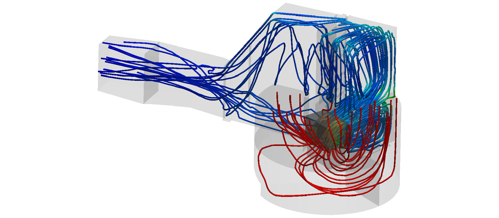CFD Particle tracing illustrates the flow path through the structure.