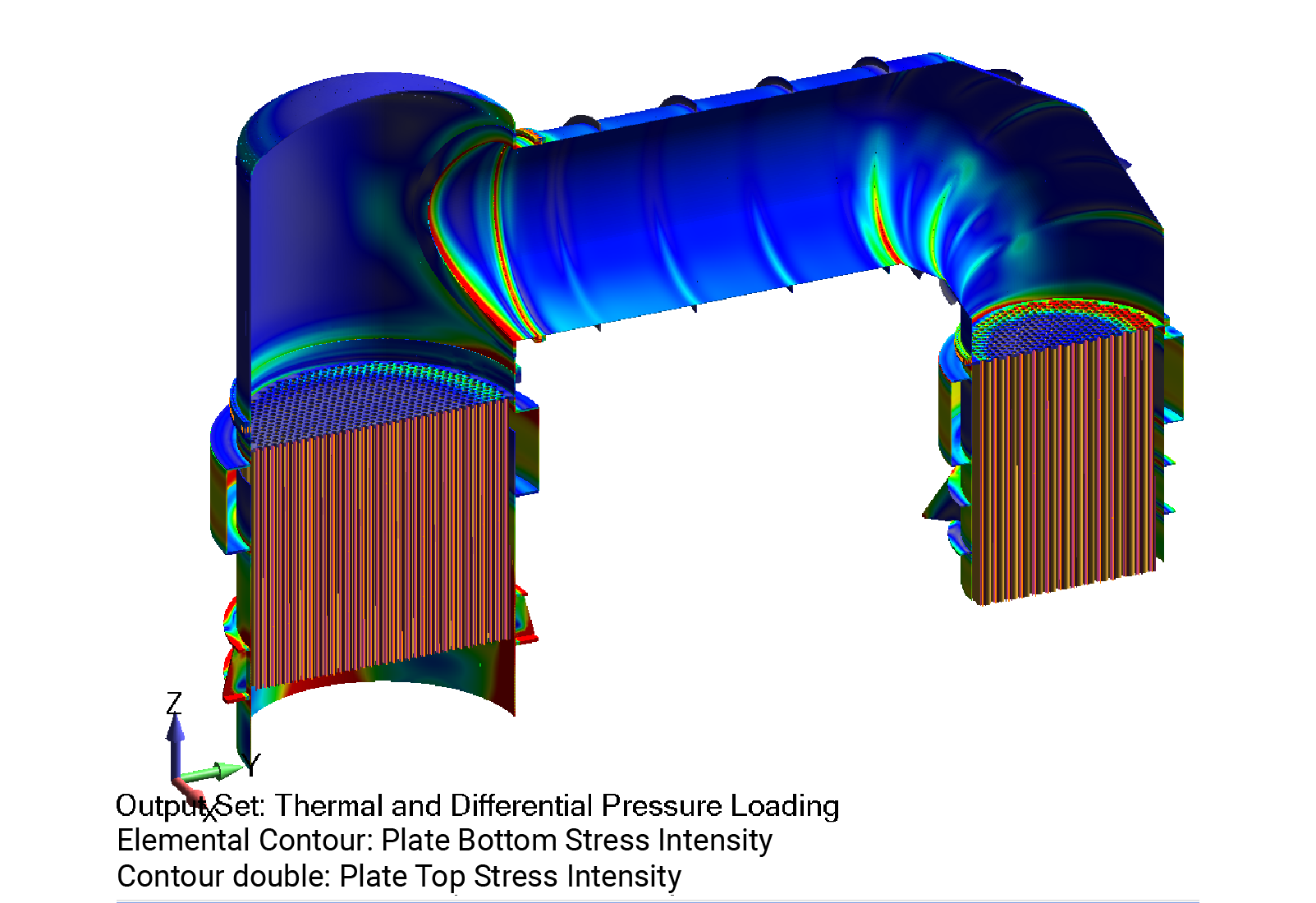ASME stress intensity results contoured over the ASME Section VIII, Division 2 pressure vessel - Predictive Engineering ASME BPVC Pressure Vessel Consulting Services