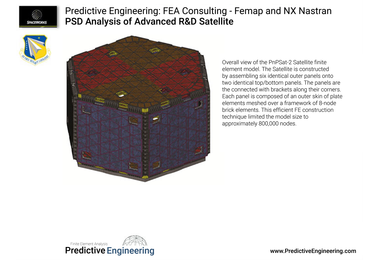 PnP Satellite Assembled by Six Panels - meshed with brick and plate elements - Predictive Engineering FEA Vibration and PSD Consutling Services