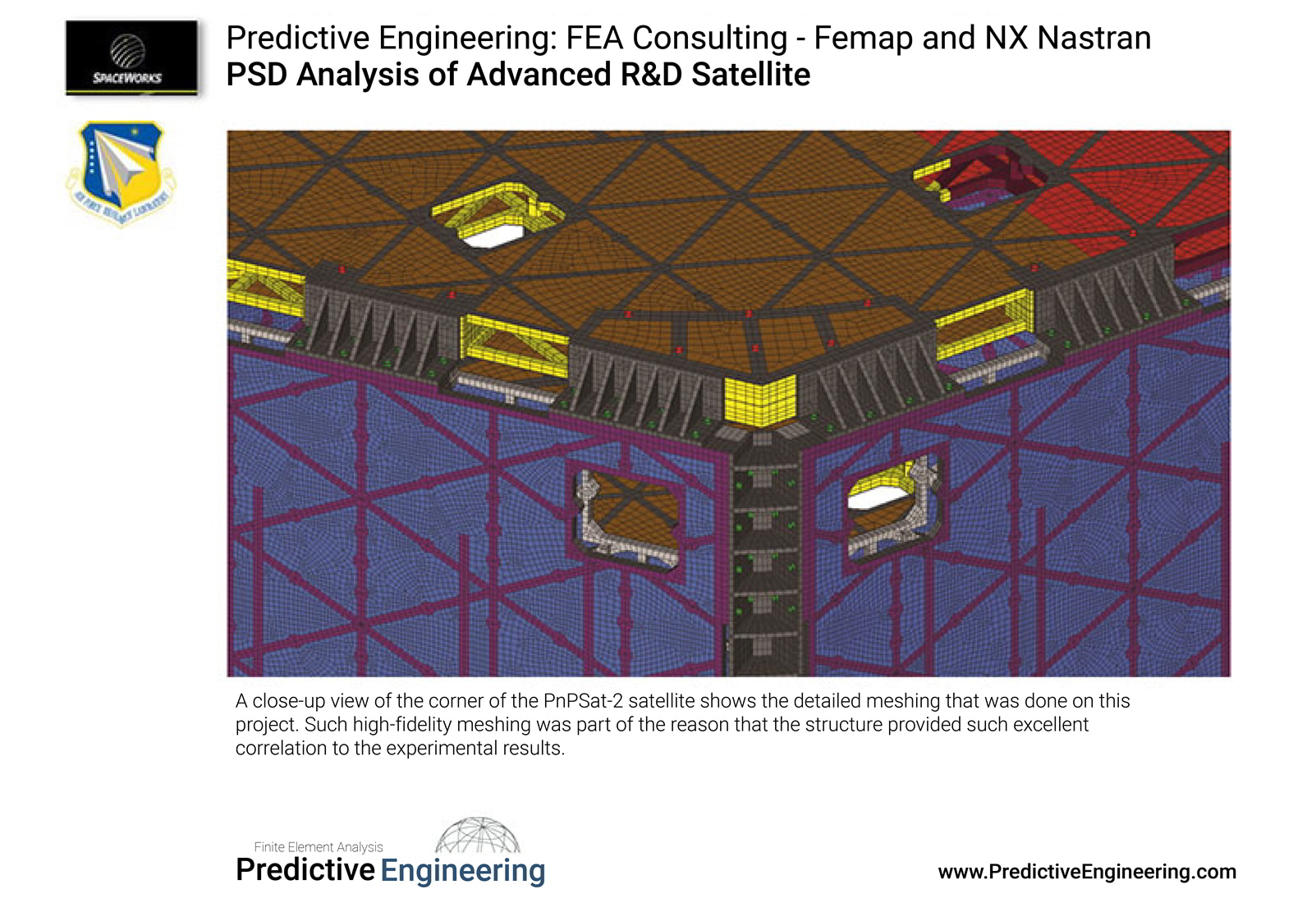 A close-up view of the corner of the PnPSat-2 satellite shows the detailed meshing that was done on this project.  Predictive Engineering FEA Consulting Engineers