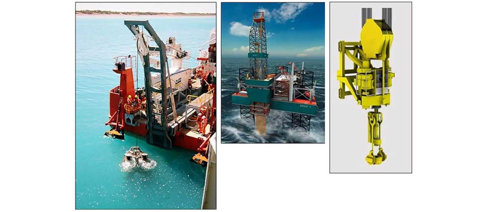 Images of ship-­‐mounted crane at sea state 0 and off-­shore oil platform with top drive equipment. The top drive for this project was rated for more than 2,000,000 lbf of string weight while meetng all API specificatons - Predictive Engineering FEA Consulting Services