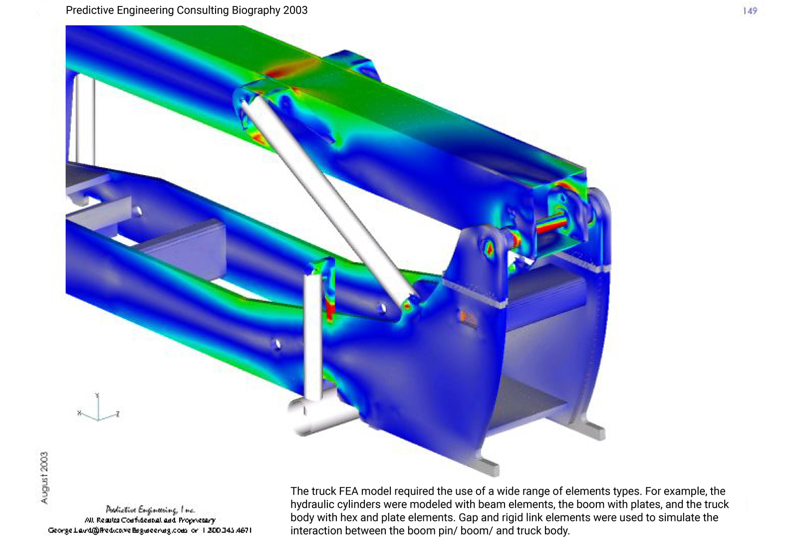 The FEA model (Femap) of the lift-truck used a wide range of FE element types from solid to plate to RBE to beam elements