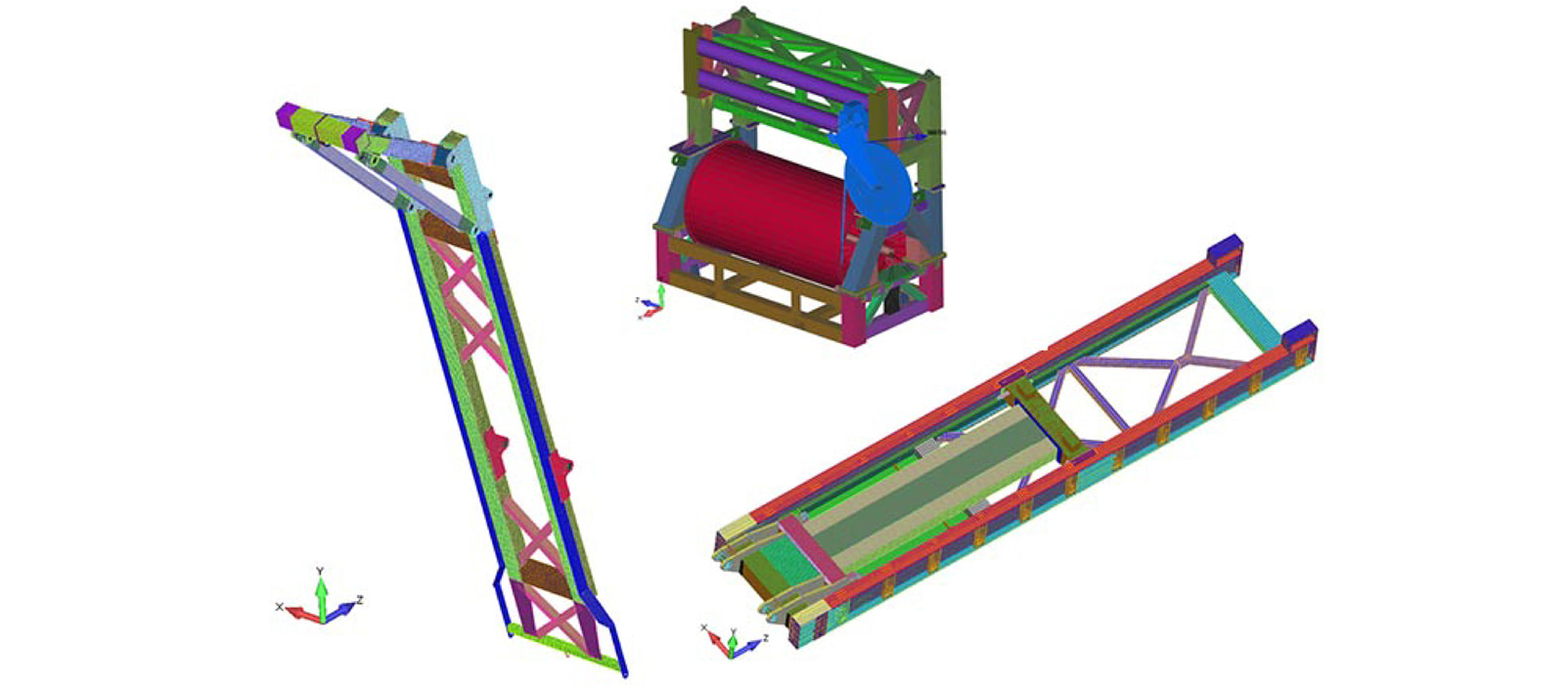 Some views of Femap model using for the ship-mounted crane.  The model was run “piece parted” since each structure acts independently of each other.  A winch frame was also analyzed and sits on the far right of the base structure.  