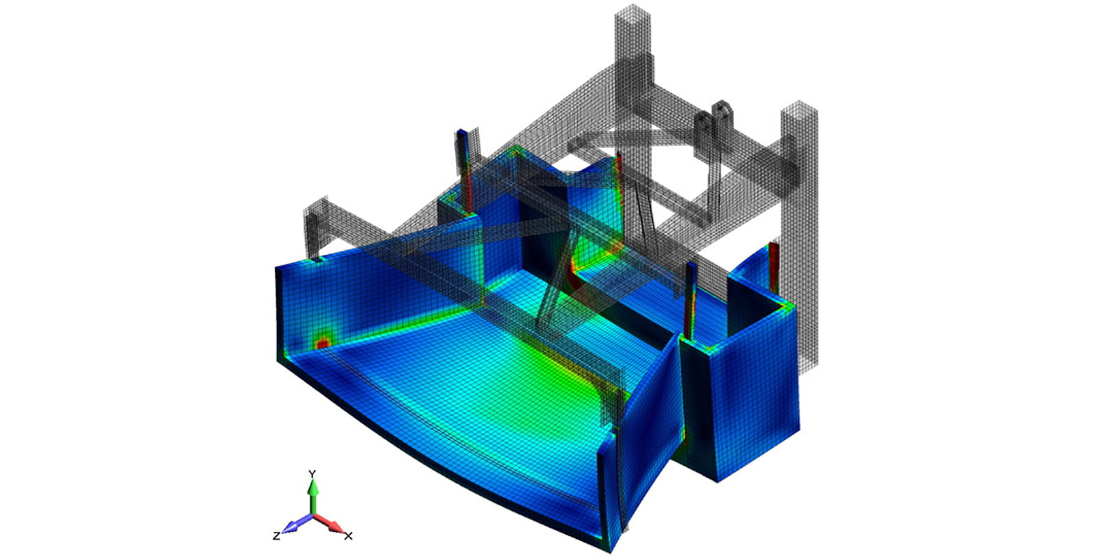 Stress results contoured over the steel components of the composite structure - Finite Element Analysis Engineering Services