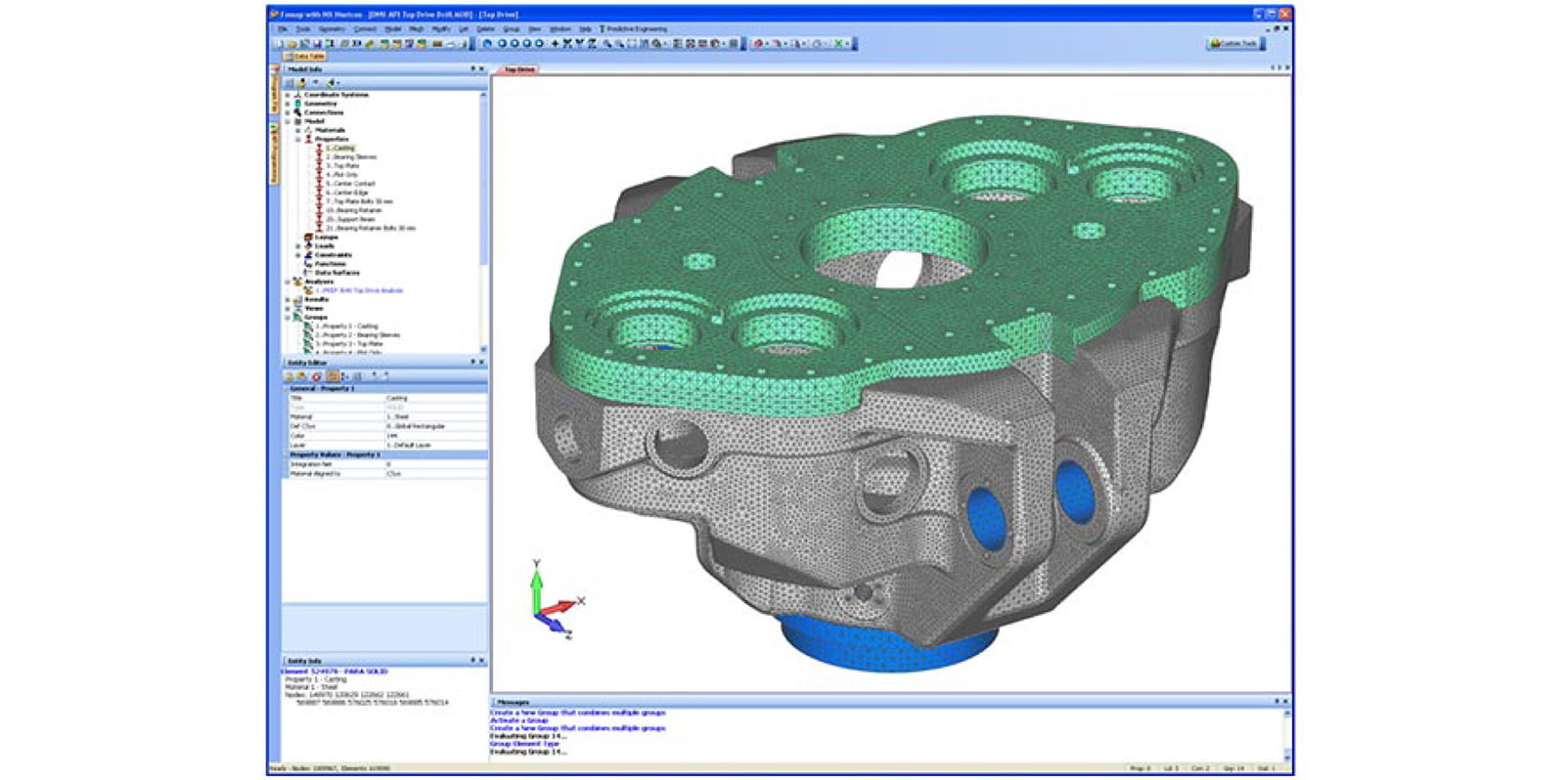 The FEA model is shown of the Top Drive Drill assembly - Predictive Engineering FEA Consulting Services