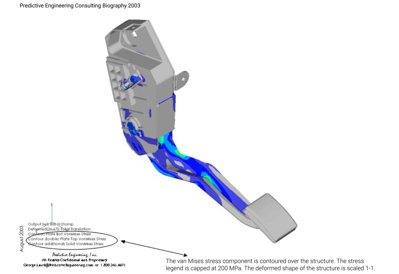 Nastran nonlinear stress results contoured over the Nylon 66 accelerometer pedal assembly