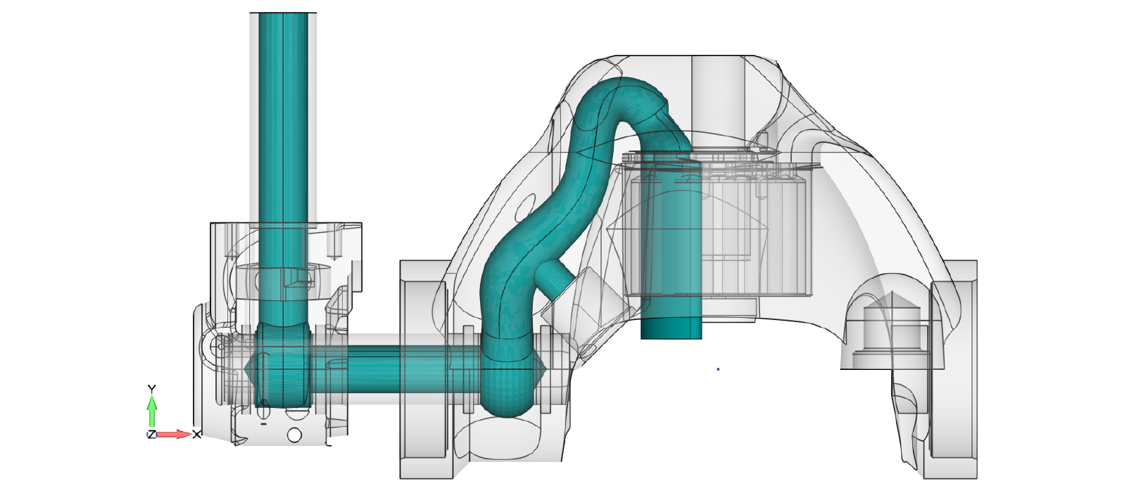 The CAD geometry of the piston pump is shown above. The CFD analysis focused on the internal fluid volume shown in green while the FEA focused on the cast structure shown in gray. 