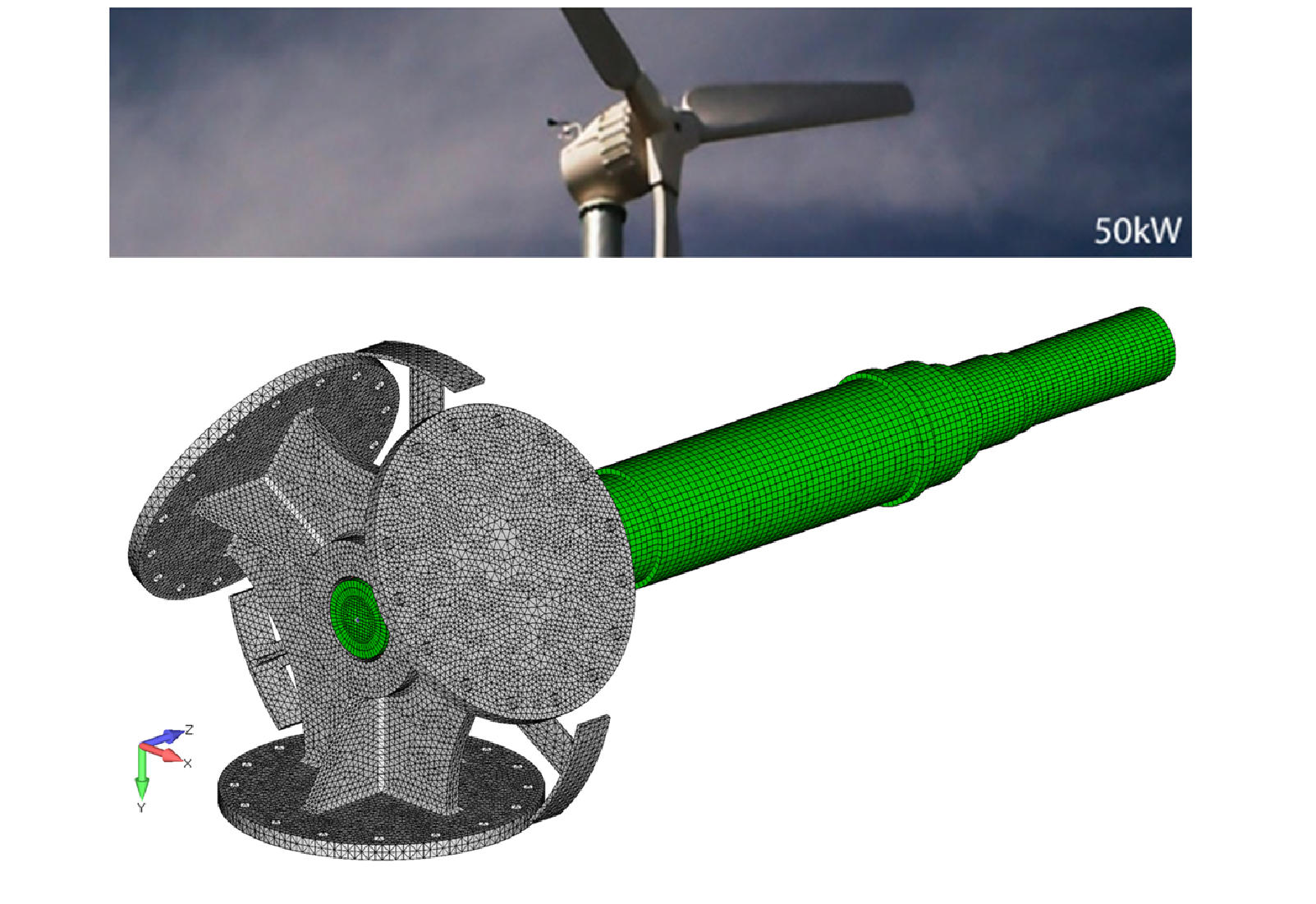 FEA simulation work by Predictive Engineering on 50 kW wind turbine blade hub, drive shaft and nacelle.