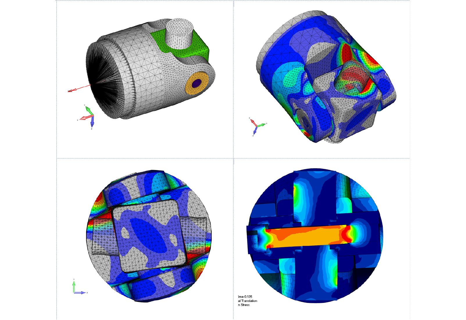 Stress and fatigue analysis of a high-strength U-joint for steel mill leveling table.  The U-joint was fabricated using tool steel and high-strength steel.  FEA Consulting Services for Drive Train Components