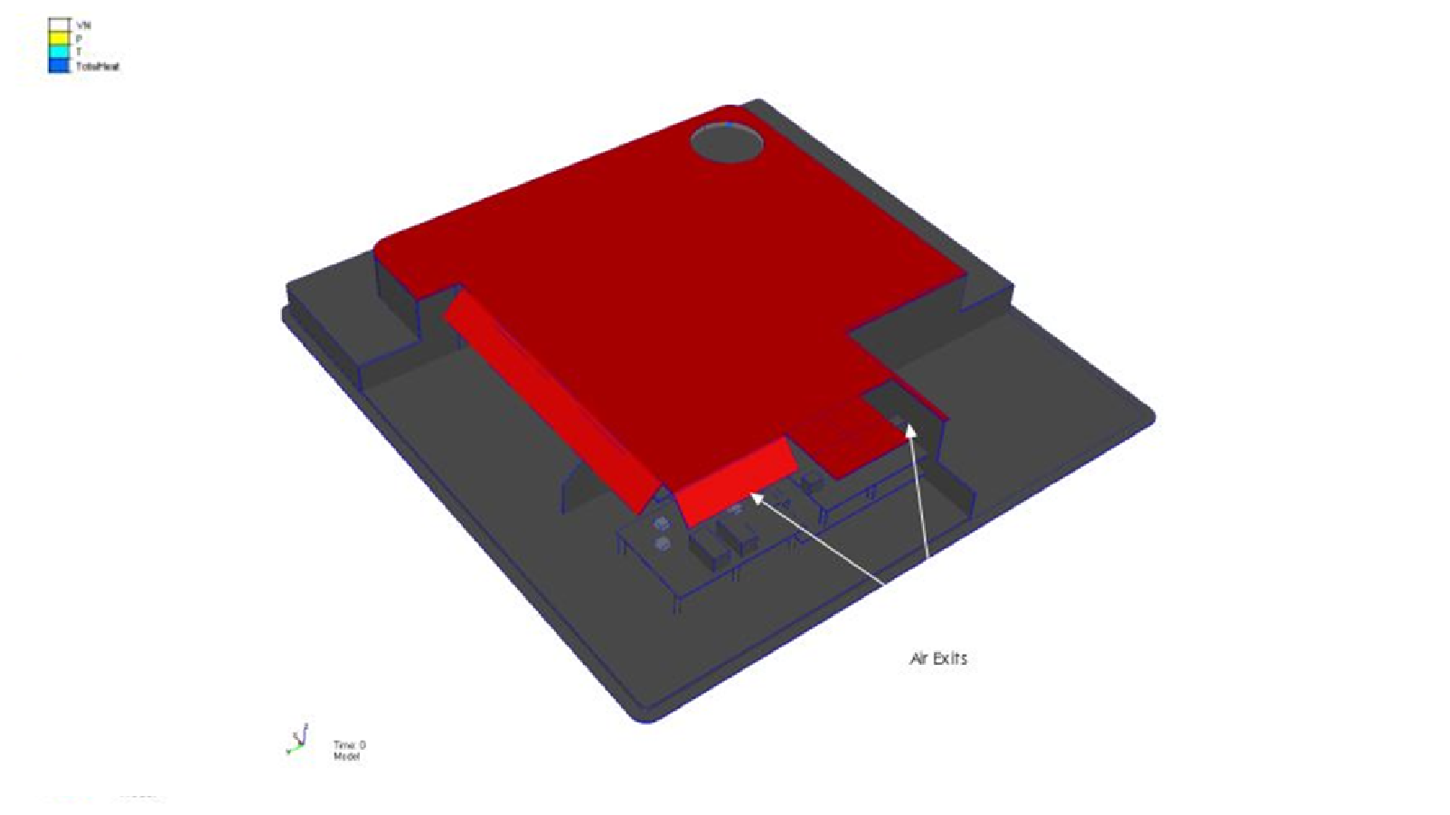 CFD simulation model of internal electronics assembly with thermal flow shield and chips and printed circuit boards (PCB)