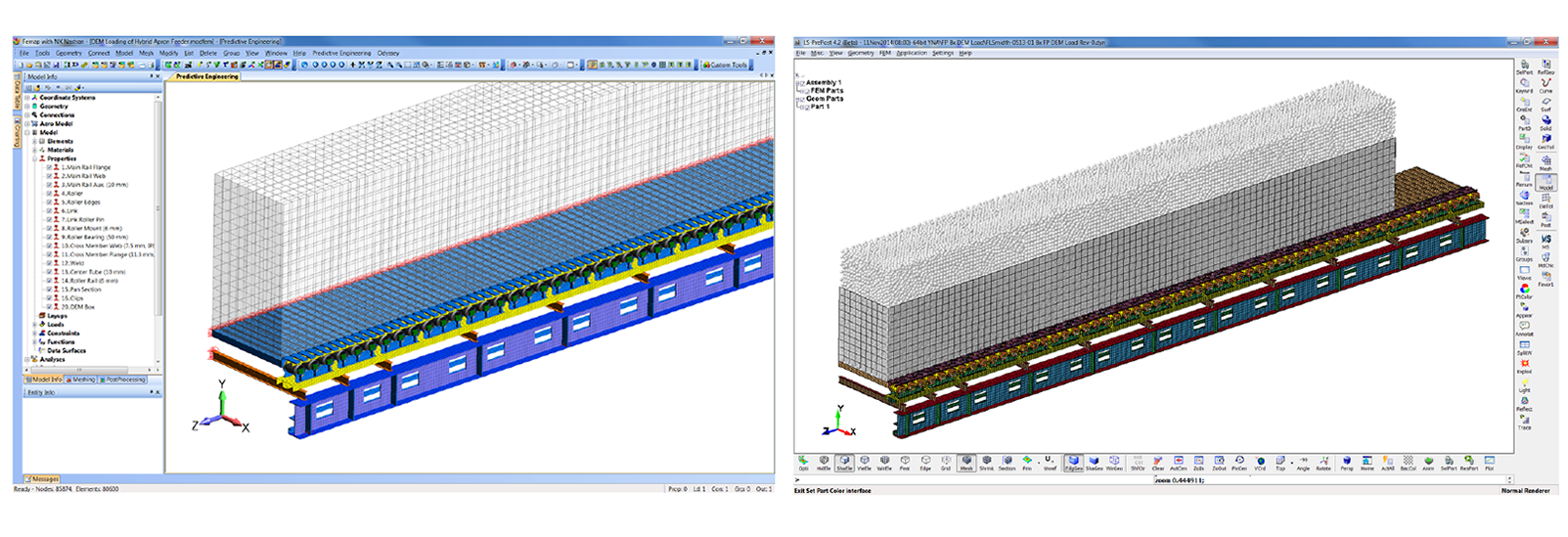 DEM particles were used to simulate the processed mineral cake onto conveyer belt feeder with a knife gate at the far end.  The model was built in Femap and then exported to LSPP for the addition of the DEM elements.