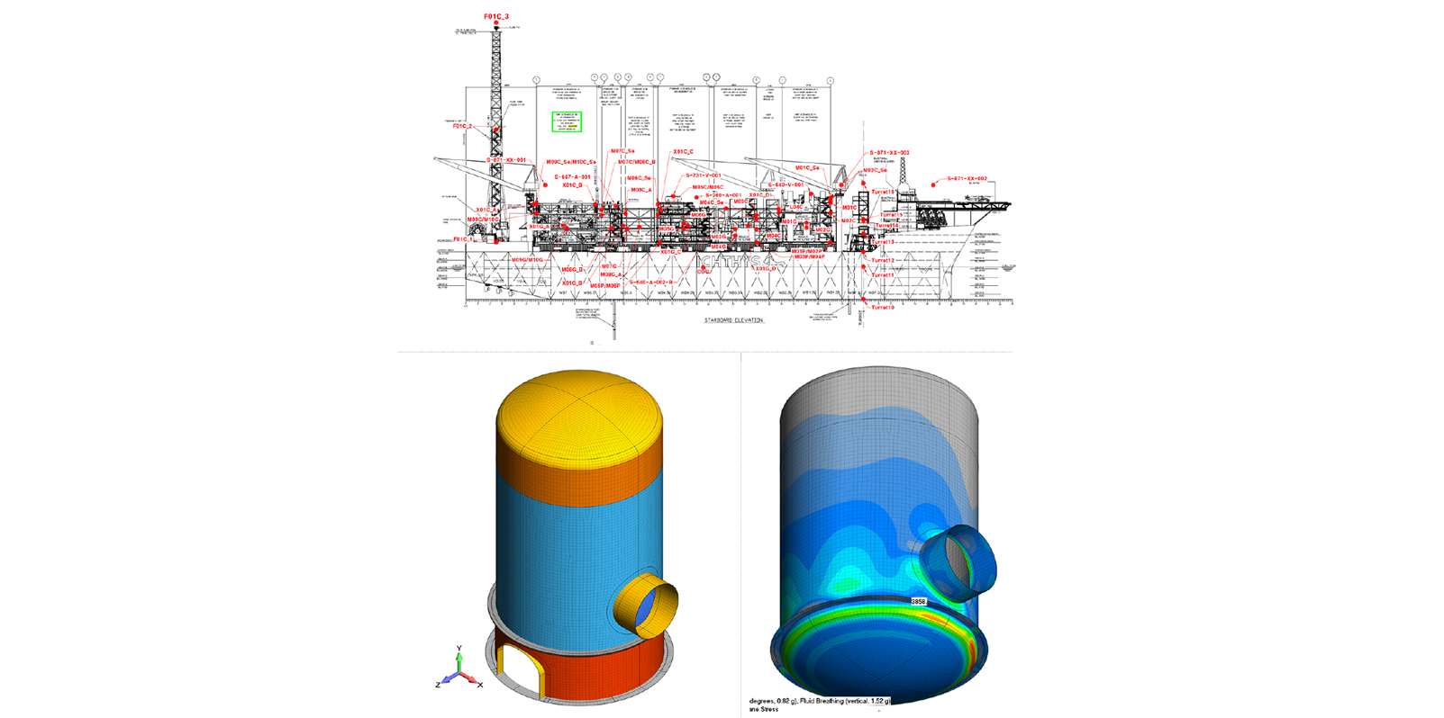 The sloshing analysis was performed to meet ship-board specifications per S930-AS-CAL-10007 with the work tied to ASCE 4-98.  The pressure vessel was built in Femap and then prepared for SPH sloshing analysis using LSTC LS-PrePost.