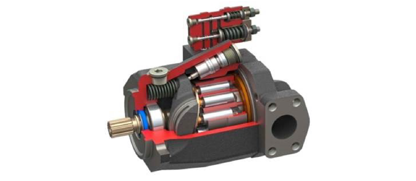 A cut-away of an example piston pump shows the internal pistons and swash plate that transfers the hydraulic energy to mechanical energy and vice versa.