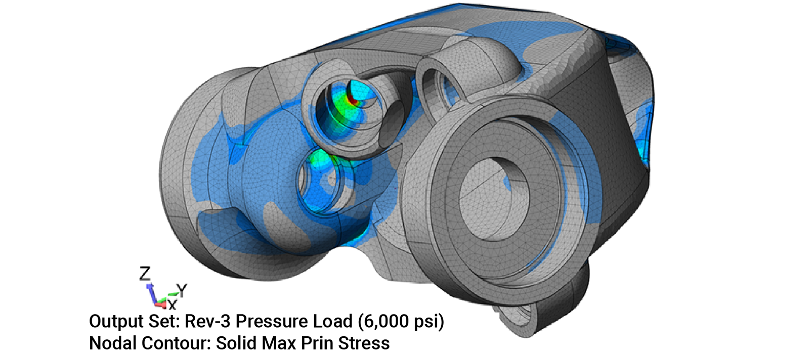 Starting with the same CAD geometry, a finite element analysis model was created to calculate stresses generated by the high-pressure hydraulic fluid. The combination of the CFD and FEA models facilitated a design that reduced pressure drop while keeping stresses below code allowables.
