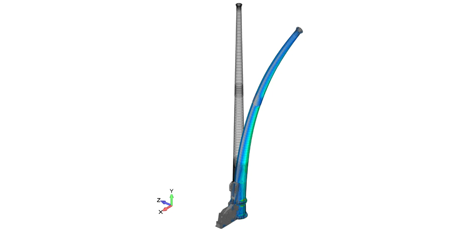 Simcenter NX Nastran deflection results for The full tower with exaggerated deformation to illustrate the first normal mode - Predictive Engineering FEA Services