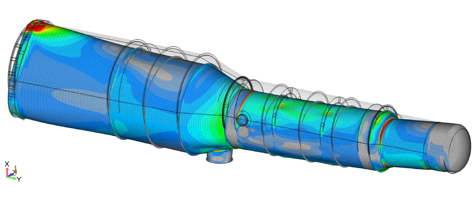 Figure 4:  The vessel is shown with stress contours and extreme exaggerated deformation.  The un-deformed model is shown in transparent gray.