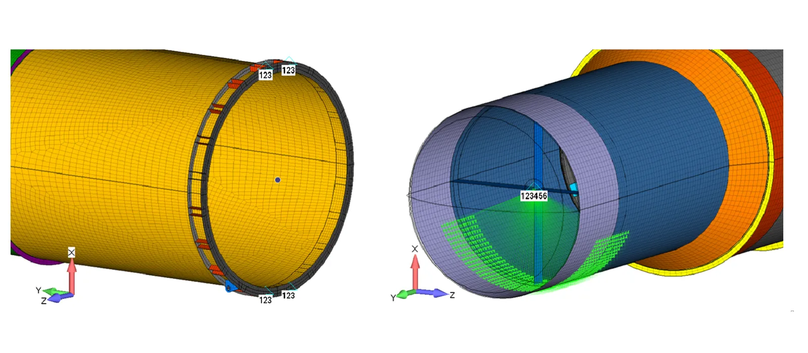 Figure 3:  The schnabel and saddle support were idealized in the FE model with Single Point Constraints (SPCs) and Rigid Body Elements (RBEs).