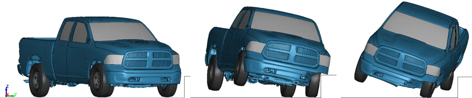 MASH Test Level 2: Pick Up Truck Impact to Barrier to Assess Vehicular Stability Nonlinear FEA consulting experts in transportation crash analysis.