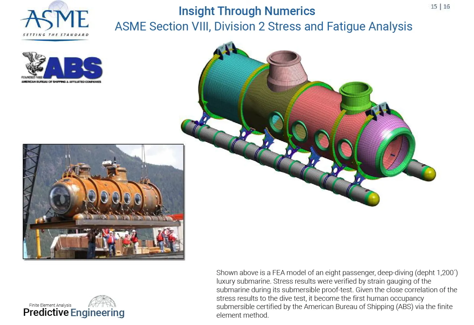 Shown above is a FEA model of an eight passenger, deep-diving (depth 1,200’) luxury submarine - Predictive Engineering ASME BPVC Pressure Vessel Consulting Services