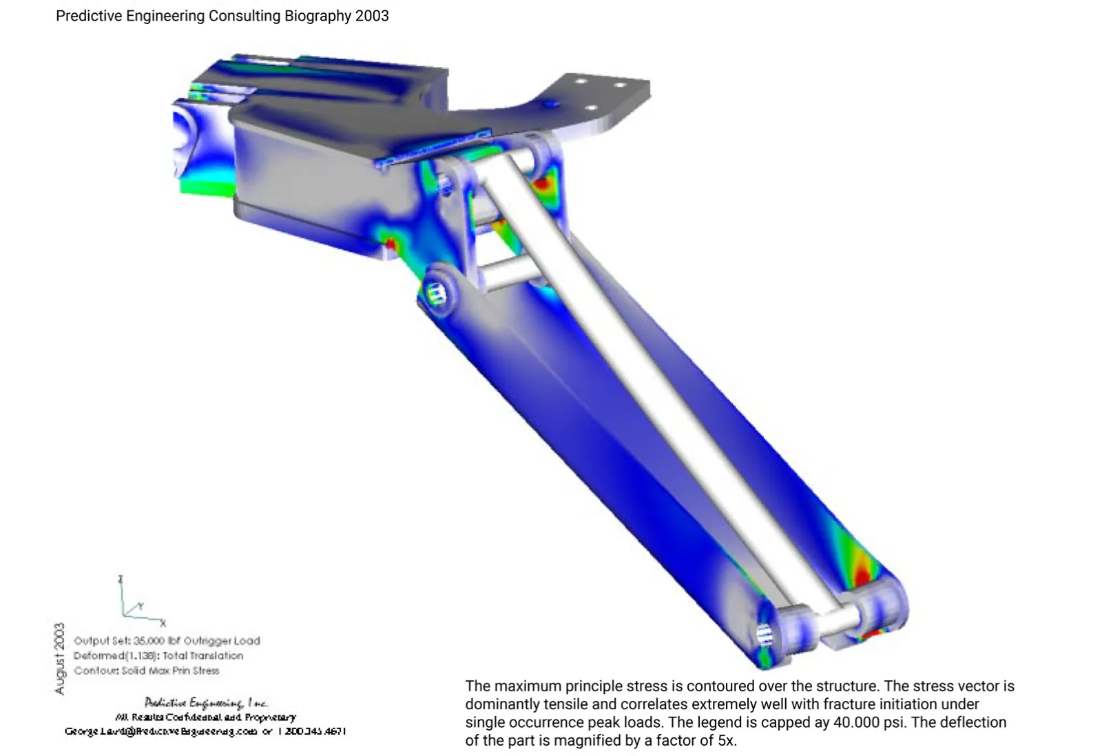 The maximum principle stress is contoured over the structure outrigger arm of the lift truck 