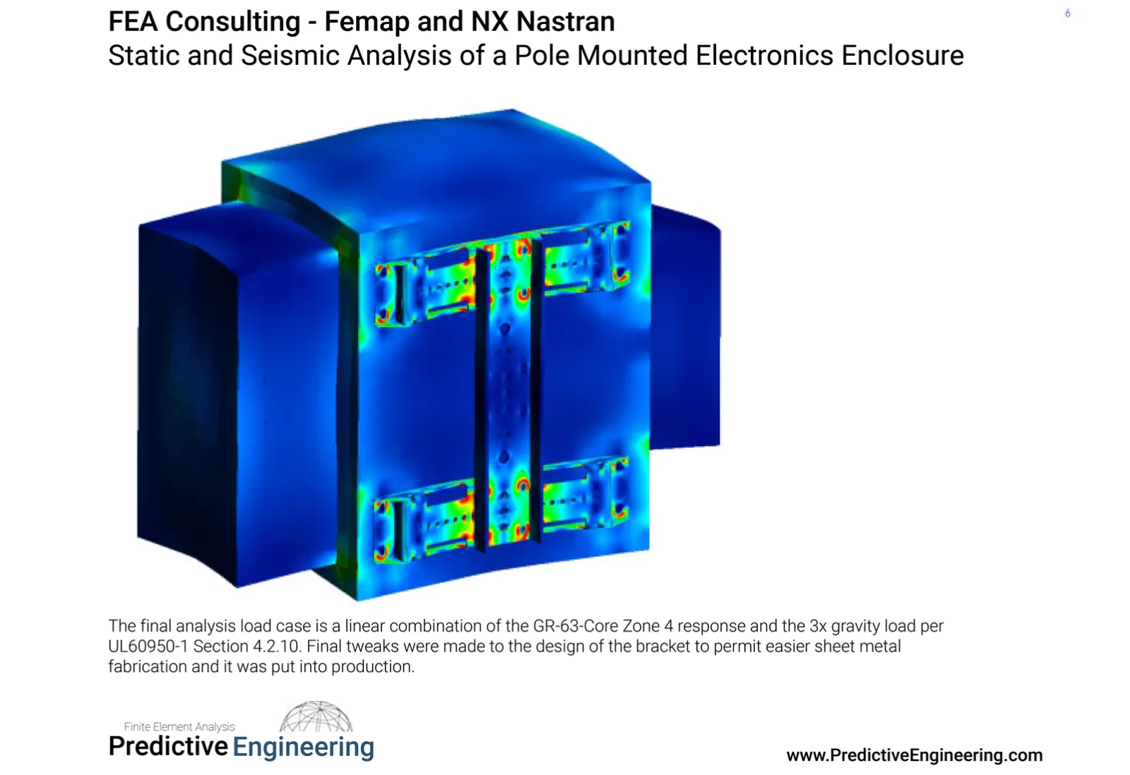 The final analysis load case is a linear combination of the GR-63-Core Zone 4 response and the 3x gravity load per UL60950-1 Section 4.2.10.  Final tweaks were made to the design of the bracket to permit easier sheet metal fabrication and it was put into production.