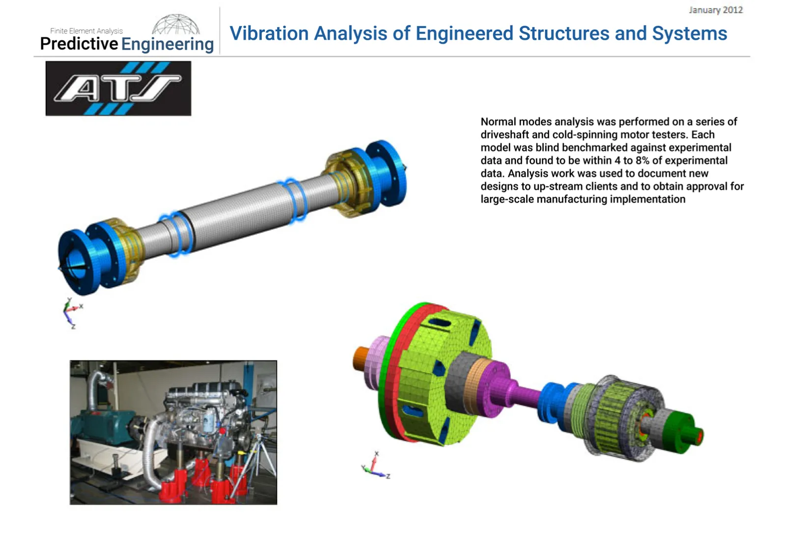 Normal modes analysis was performed on a series of driveshaft and cold-spinning motor testers.  Each model was blind benchmarked against experimental data and found to be within 4 to 8% of experimental data.  
