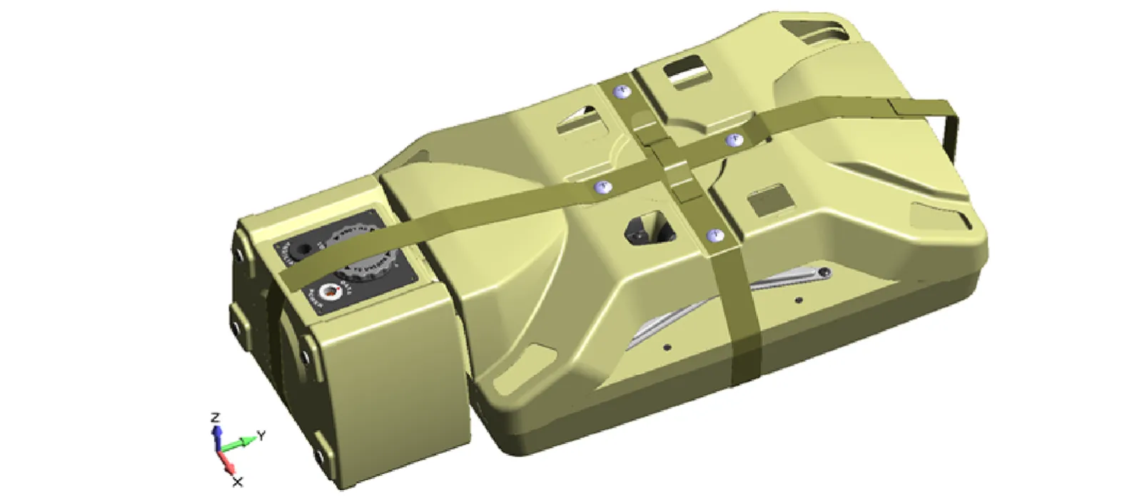 Figure 1: Finite element analysis model was built from CAD geometry provided by the client and then idealized into geometric sheets and base solids for plate and brick meshing
