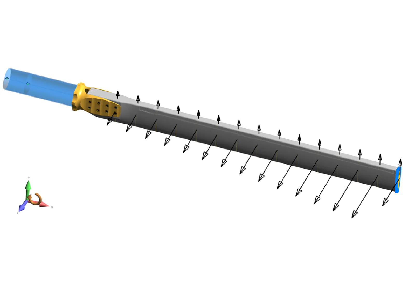 The load case was based on lift and drag calculations performed by a noted expert.  The dominate load was the centripetal force of the blade spinning at 820 RPM. FEA Aerospace Consultants