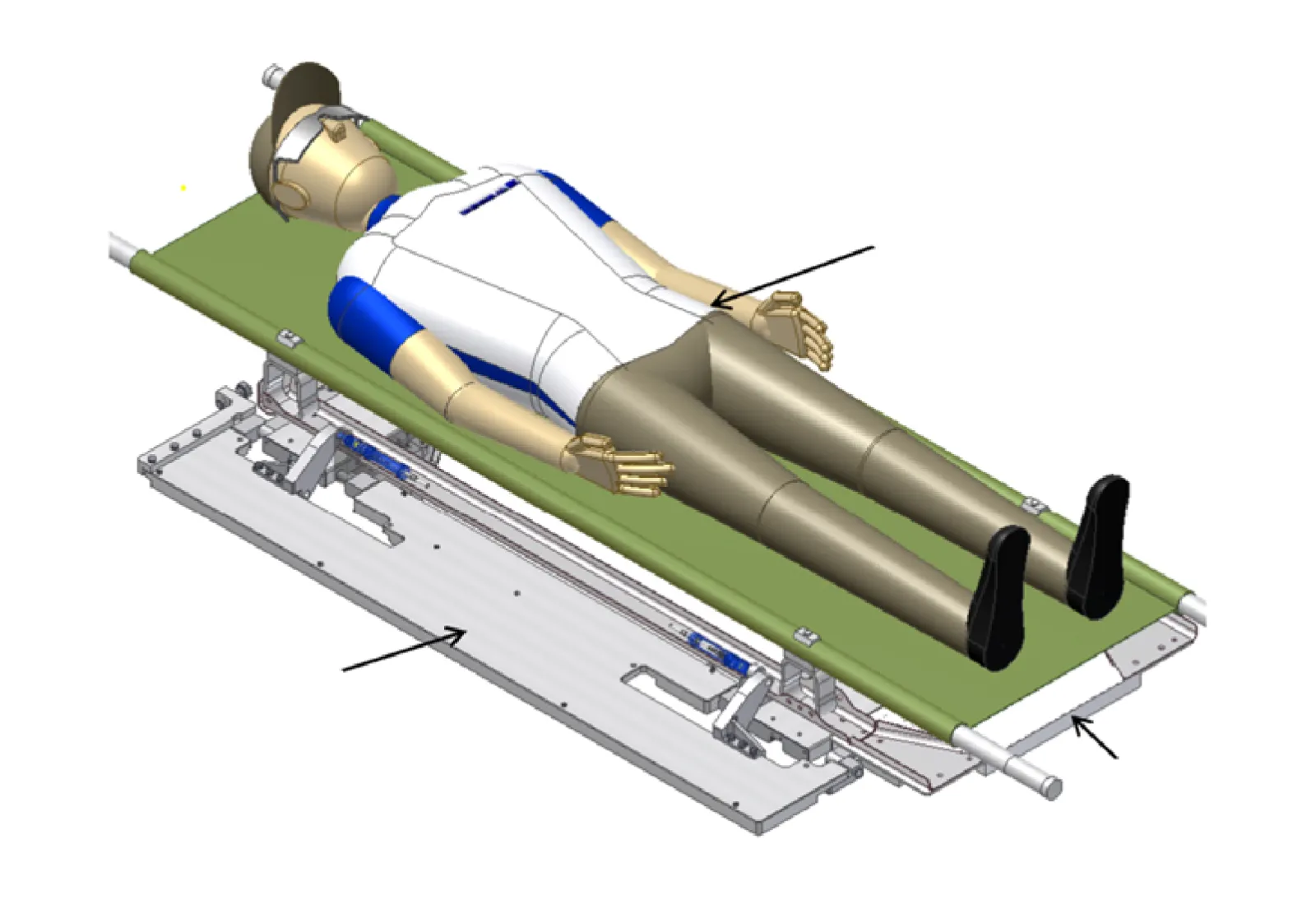 Figure 1: The load case for the stretcher analysis was a heavy (upper 5 percentile) male human being subjected to high g forces, shock loading and a broad-spectrum PSD loading.