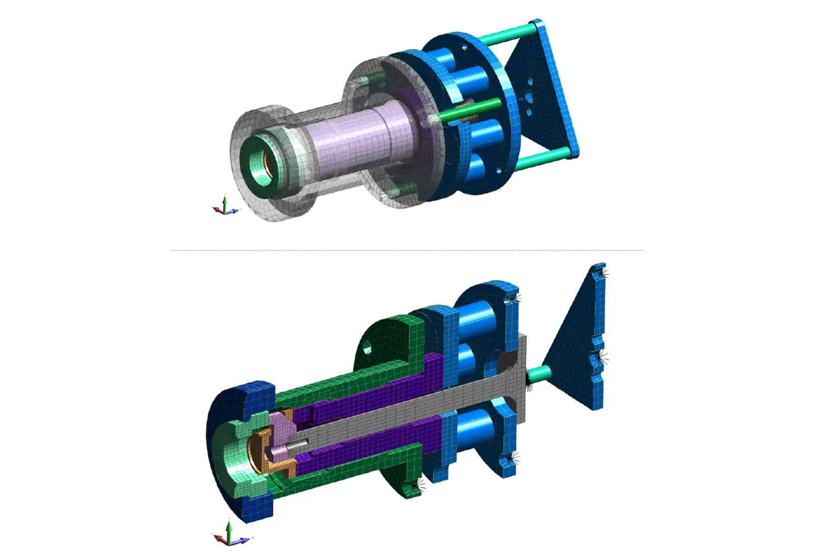 FEA simulation of stress and normal modes vibration of a beer can domer machine.  The all hex model was built to allow quick and simple optimization of the components. Predictive Engineering FEA Consulting Services