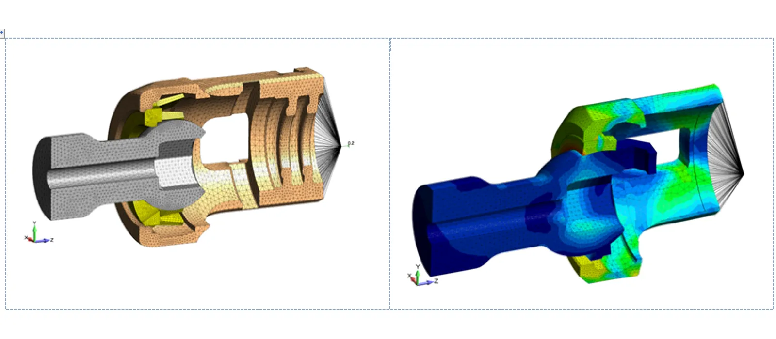 Figure 2: FEA simulation model of titanium locking pedicle screw for spinal surgery as analyzed for its locking capability as a function of interference fit and friction coefficient