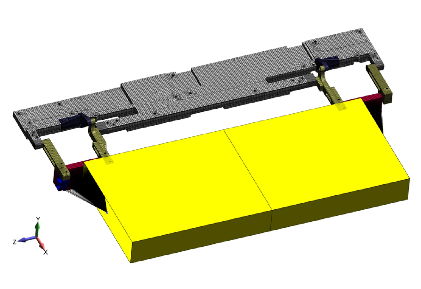 The stretcher analysis model was built using solid brick elements with connections simulated using a combination of beam and rigid elements. By using a mapped mesh approach, the simulation times were quite reasonable for the modal frequency, shock and PSD analyses.