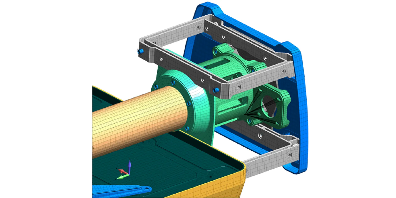Figure 4: The azimuth drive housing was particularly complex due it the die-cast magnesium base attached to the carbon-kevlar composite base structures. 