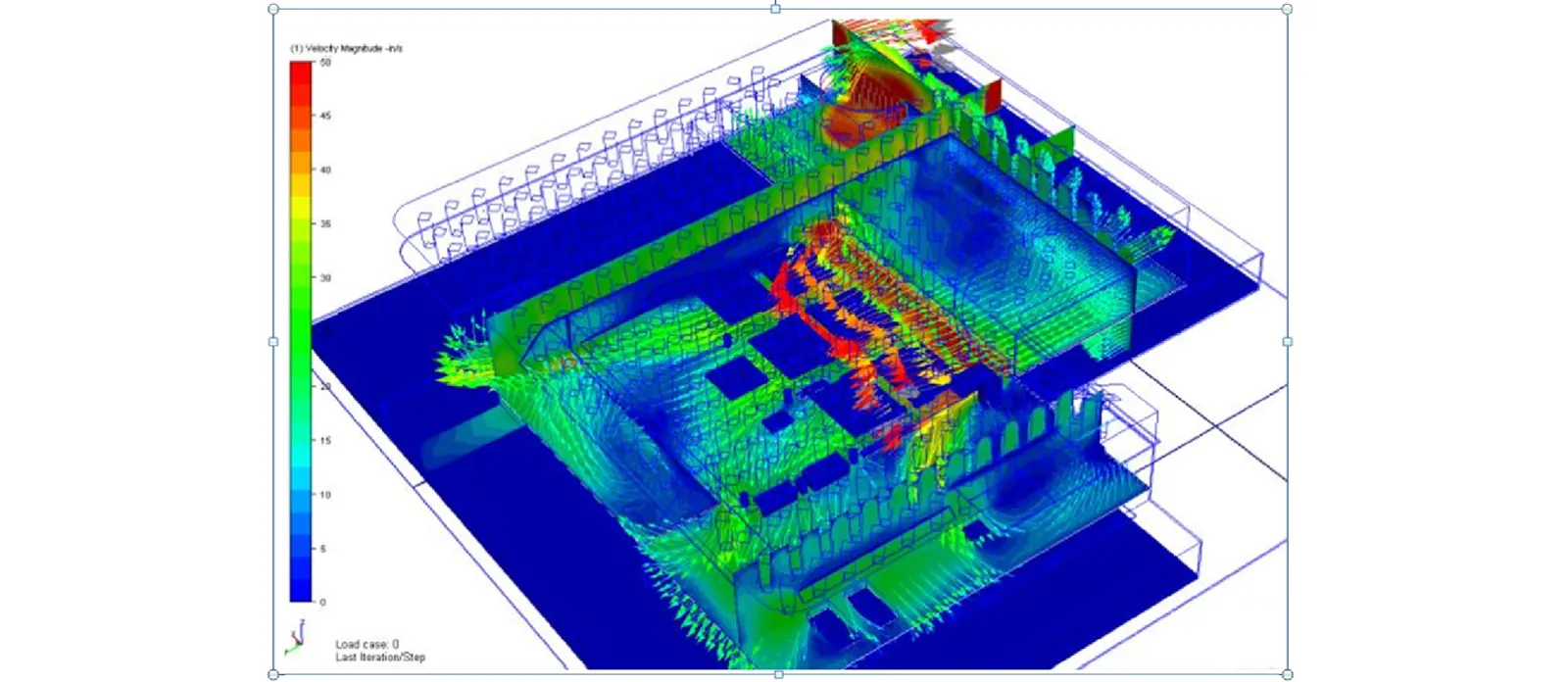CFD simulation results for the electronic assembly showing velocity vectors and temperature gradients