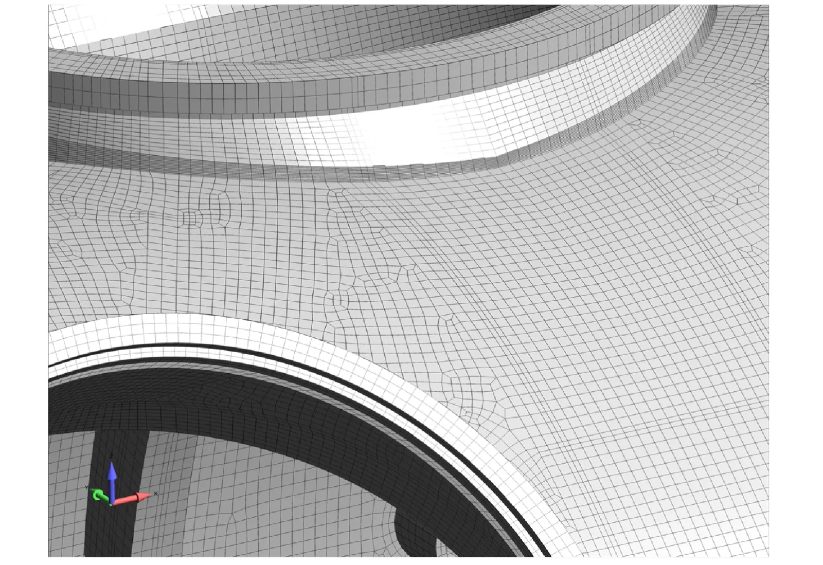 All hex (brick) mesh of submarine hull that provided high accuracy at low numerical cost.  The hex mesh approach was chosen due to nonlinear analysis requirements to determine maximum dive pressure prior to hull collapse (buckling) FEA Experts and Services for the Marine Industry