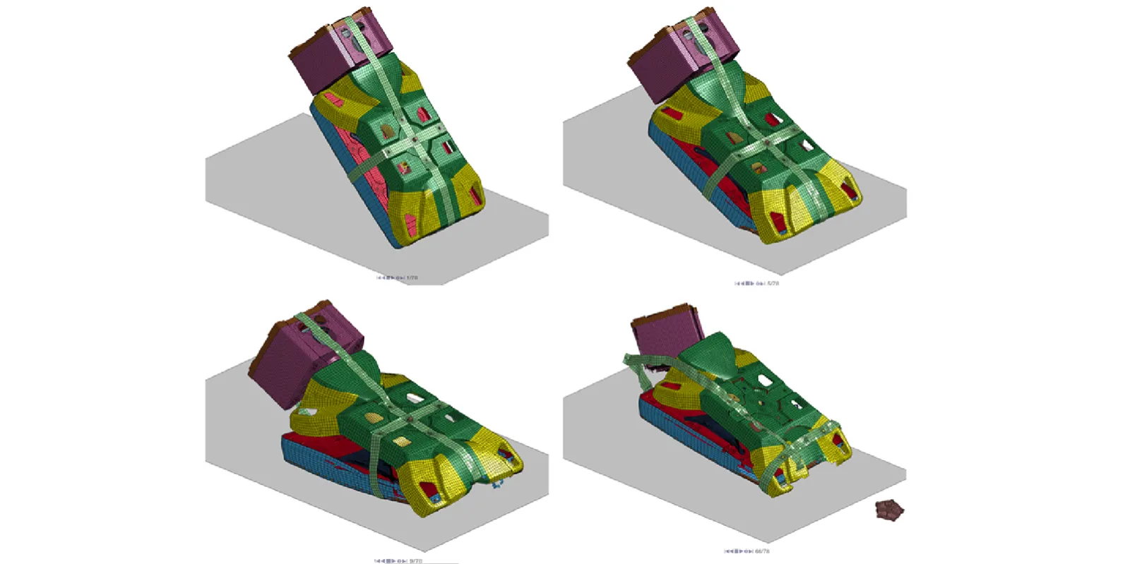 Figure 6: A standard MIL-STD 810e drop-test sequence is shown.  The LS-DYNA FEA simulation was accelerated to provide a more dramatic drop-test than that would exist from the specified four foot drop height onto plywood