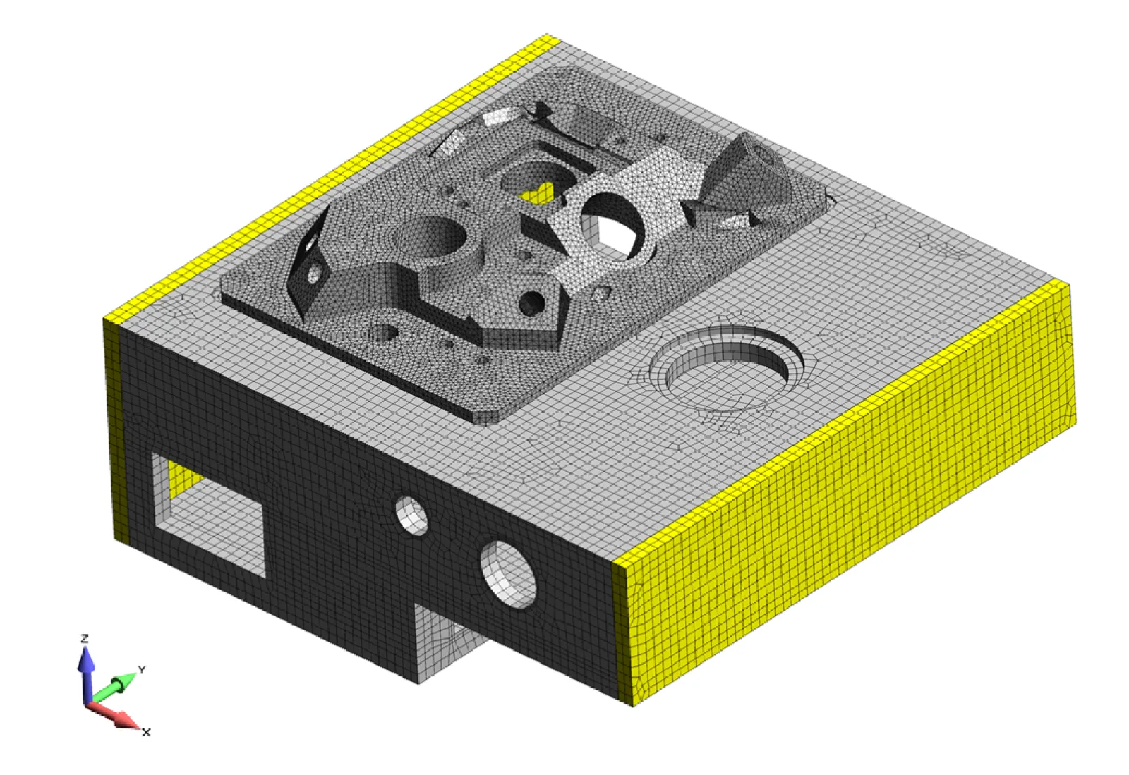Finite element analysis model of electron microscope vacuum stage chamber built with Femap and analyzed with Simcenter Nastran.  High-precision deflection analysis for column alignment during operation under full vacuum - FEA Engineering Consultants